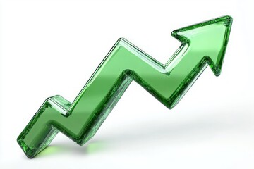shiny green translucent arrow pointing upward symbolizing growth and progress on a white background