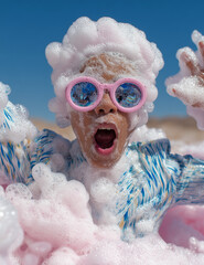 Shocked woman covered in pink foam – playful summer portrait with retro sunglasses and vibrant surprised expression.