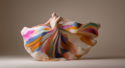 Abstract dancer form in colorful pleated sculptural dress on clean beige background with copy space – vibrant textile shape in flowing motion for modern. design use.
