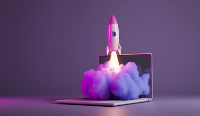 Rocket launching from laptop screen – minimal purple smoke and pink 3D design for startup concept with copy space.