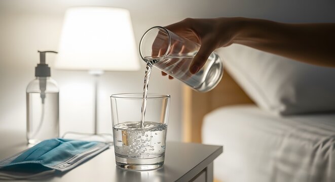 Pouring Water into Glass at Night Hydration and Sleep Ritual