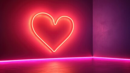 glowing red neon heart light mounted on vibrant pink and purple empty room wall with reflective floor and illuminated baseboard
