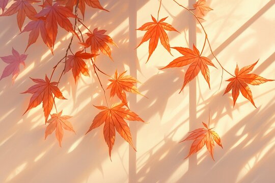 Backlit Maple Leaves on Frosted Glass: Amber & Burgundy Floating with Geometric Sunlight Shadows, 70% Peach Gradient Autumn Warmth - Powered by Adobe
