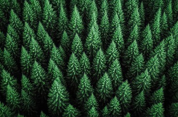 Aerial view of a dense evergreen forest with uniform green pine trees creating a serene and natural pattern
