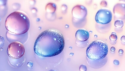Close-up of translucent water droplets on a smooth reflective surface with soft pink and blue hues creating a calming and ethereal atmosphere