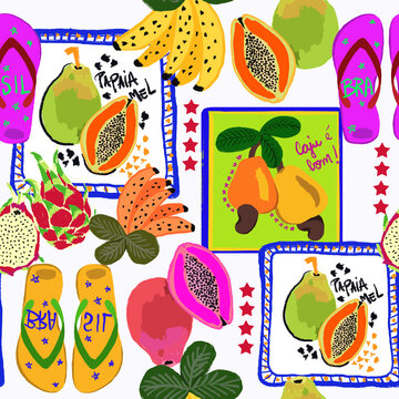 Estampa sem emendas, com estilo ver&atilde;o. tropical brasileiro. Colorido, alegre. Cores fortes, elementos c&iacute;tricos. Mam&atilde;o, banana, pitaya, frutas, flores, quadrado, infantil, artesanato. 