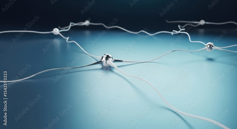 Wall mural a close up of a network of white strings with silver beads on a blue gradient background surface