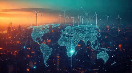 Digital world map over cityscape with glowing network connections and multiple wind turbines representing renewable energy and technological advancement at sunset