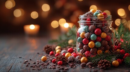 Festive Christmas candy jar filled with colorful chocolate coated candies, surrounded by pine needles, pine cones, and chocolate shavings, in a warm, glowing setting