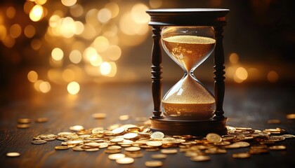 Classic hourglass with golden sand standing on a wooden surface surrounded by scattered gold coins illuminated by warm glowing bokeh lights