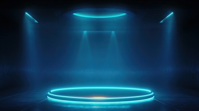 Futuristic dark empty room illuminated by blue glowing circular platform and overhead spotlights with misty atmosphere - Powered by Adobe