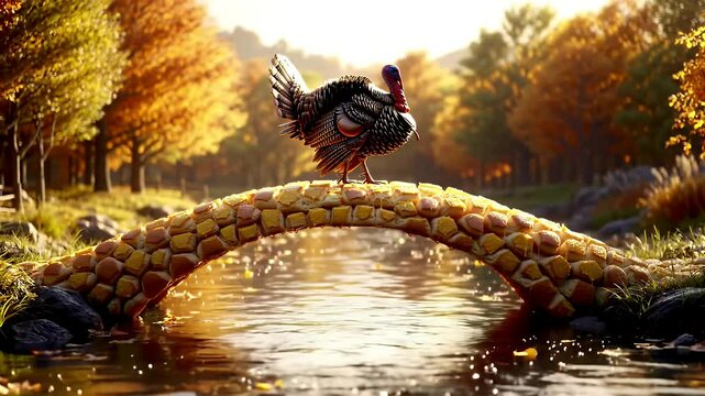 Autumn scene with turkey on cornbread bridge warm sunlight and foliage
