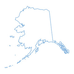 A blue outline of the state of Alaska on white background