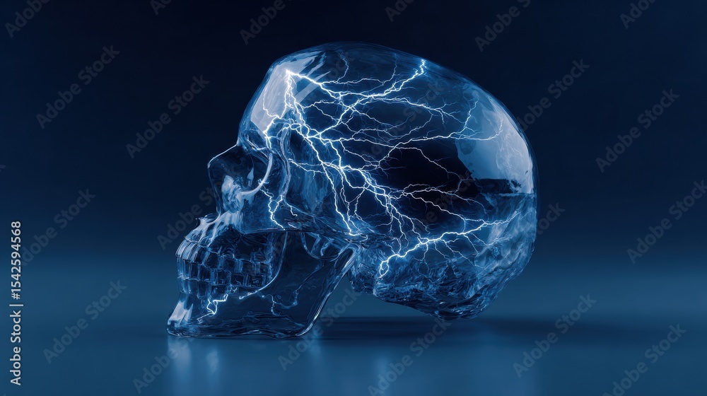 Poster Lightning Storm Within a Transparent Skull Against a Dark Blue Backdrop Creating an Eerie Atmosphere