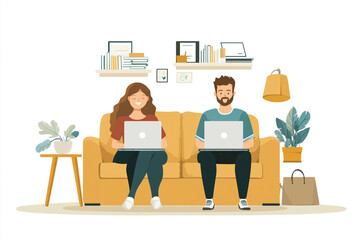 Modern Lifestyle: Couple Using Laptop for Online Shopping and Streaming

