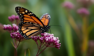 Fototapeta premium a monach butterfly sitting on purple milk weed with a blurred green background, Generative AI
