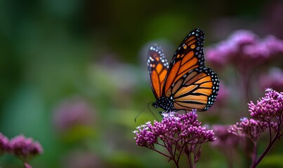 Fototapeta premium a monach butterfly sitting on purple milk weed with a blurred green background, Generative AI
