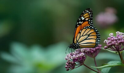 Obraz premium a monach butterfly sitting on purple milk weed with a blurred green background, Generative AI