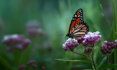 a monach butterfly sitting on purple milk weed with a blurred green background,  Generative AI