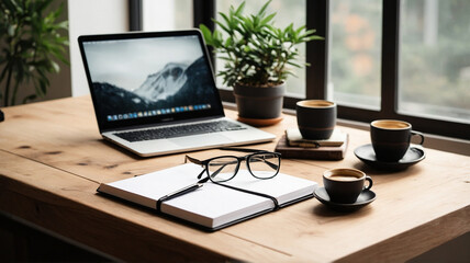 Flat lay of a laptop on a minimalist wooden desk, with coffee cup, plant, notebook, and glasses, natural window light, productivity aesthetic