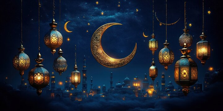 Glowing ornate crescent moons and intricate lanterns hanging over a mystical cityscape under a starry night sky emitting a peaceful and magical atmosphere