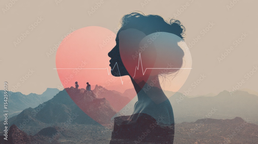 Poster symbols of connection between mind and heart against a pastel background with silhouettes of nature 