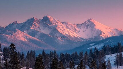 Snowy mountain landscape at sunrise A snowy mountain range with pine trees in the foreground, the sun rising with pink and orange hues, clear sky
