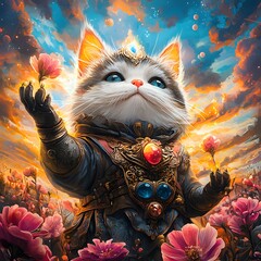 Colorful Senior Cat Portrait Against Vintage Sunset Background