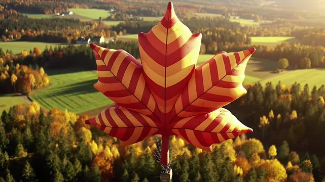 Autumnal hot air balloon shaped like a maple leaf over colorful trees and fields