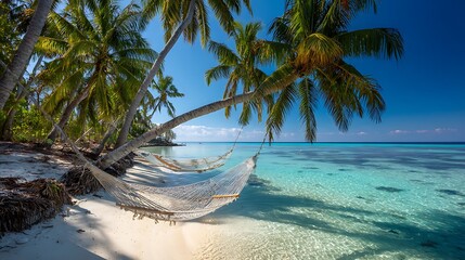 Tropical beach with palm trees reflected in crystal-clear water White sand, turquoise sea, cloudless blue sky, two hammocks between palm trees
