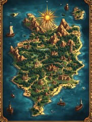 Naklejka premium Detailed illustrated map of a large island with mountains, forests, multiple buildings, ships sailing in surrounding blue waters, and a large ornate sun at the top center