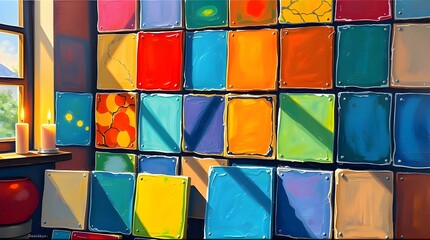 Bold acrylic painting of colorful square tile samples displayed in sunlight, illuminated by warm candlelight, vibrant colors, textured brushstrokes 