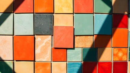 Overhead bird’s eye view of colorful square tile samples in sunlight, professional fine art photography, soft contrast, soft saturation, warm tones 