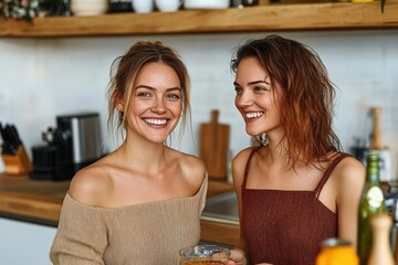 Two smiling young women standing in a modern kitchen, enjoying a happy moment together with casual outfits and natural lighting