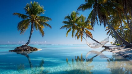 Tropical beach with palm trees reflected in crystal-clear water White sand, turquoise sea, cloudless blue sky, two hammocks between palm trees