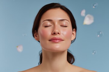 A serene portrait of a woman with closed eyes, gentle expression, and light makeup radiates tranquility, complemented by soft petals and bubbles floating against a soft, inviting background.