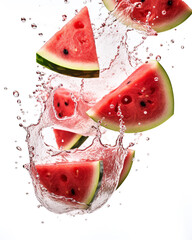 Vivid and realistic floating watermelon segments displayed against a crisp white background, captured in motion to highlight their juicy freshness