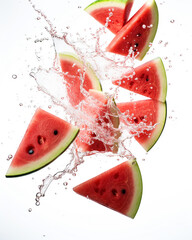 Floating red and green watermelon pieces midair, captured in detail to show freshness and vibrant fruit texture on an isolated white canvas