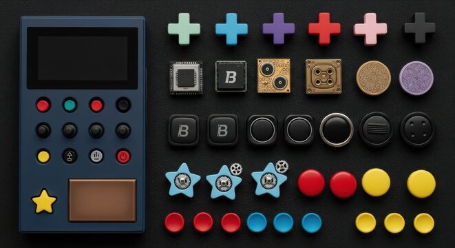 A dark blue handheld gaming device with various colorful buttons and components arranged on a black surface