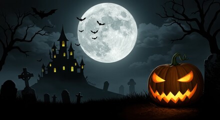Fototapeta premium Haunted halloween castle scene with jack o lantern