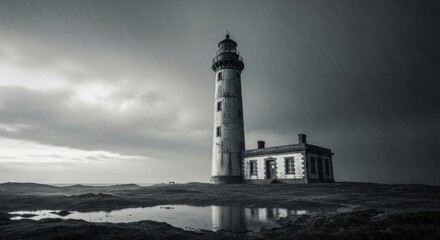 A monochrome lighthouse stands tall against a cloudy sky with a building attached to its base near water