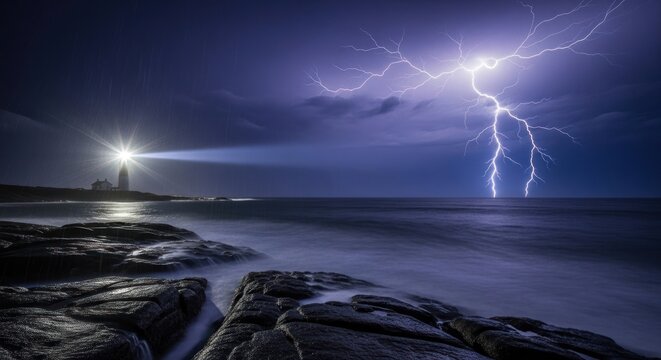 Lighthouse beam shines through stormy night with lightning over the ocean and rocky coastline view