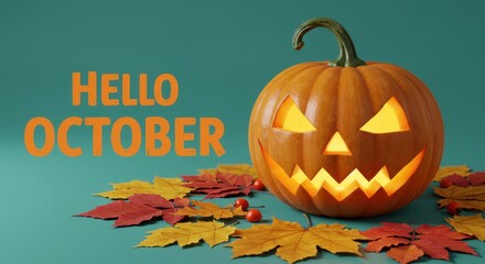 Hello october jack olantern autumn leaves