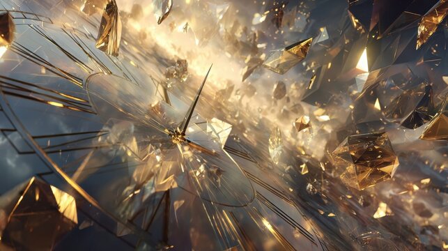Fractured Golden Clock &ndash; Time Shards Exploding in Surreal Abstract Light