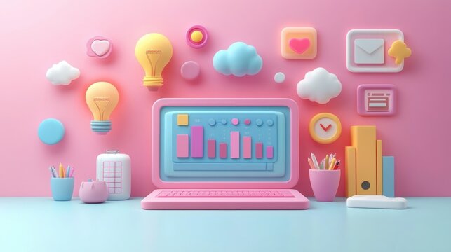 Colorful 3d workspace with laptop showing a data graph surrounded by light bulbs, clouds, clocks, stationery items, and social media icons on a pastel pink and blue background