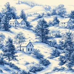 peaceful winter landscape with snow-covered rolling hills, scattered houses, and leafless and evergreen trees under soft light