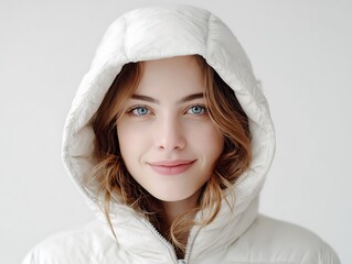 Obraz premium Beautiful Young Woman With Blue Eyes Wearing A White Hooded Jacket Smiling Into The Camera, Fashion Beauty