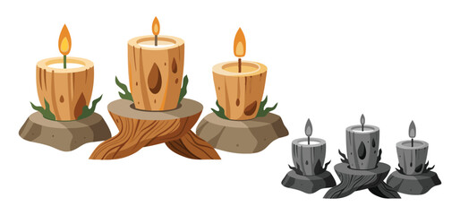 Decorative wood candles illustration with flame and rustic wooden candle holders set against a plain white background for design