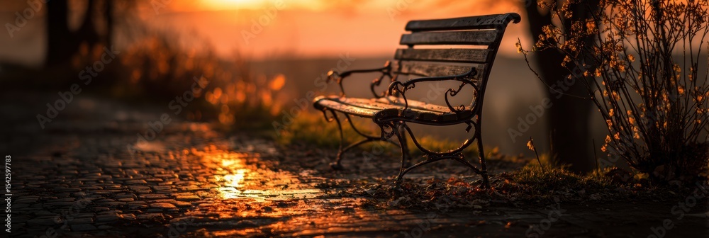 Poster empty bench illuminated by sunset light evokes bittersweet emotions in a tranquil outdoor setting