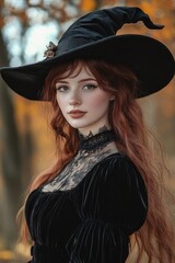 Fototapeta premium Young woman with long red hair wearing a black witch hat and lace dress in an autumn forest, serene and mysterious expression